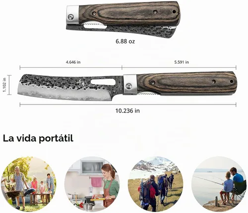Vista 2 de SENBON 440A Cuchillo de chef plegable forjado, cuchillo de cocina Un color madera Nakiri