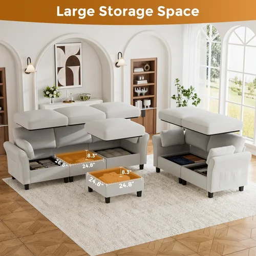 Vista 5 de Legend Vansen Sofá modular seccional, cómodo sofá modular en forma de U de 6 asientos con espacio de almacenamiento y diván, sofás seccionales Crema