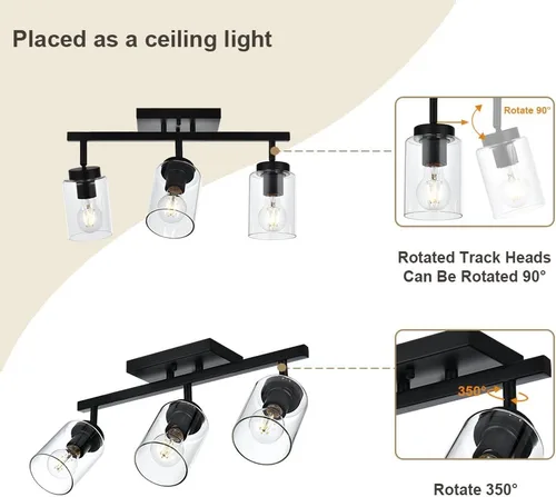 Vista 6 de 3 apliques de pared negros de luz para tocador de baño con pantalla de vidrio transparente, lámpara clásica con cabezal de luz giratoria, lámpara