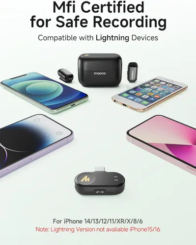 Vista 8 de MAONO Wave T1 Mini Micrófono Inalámbrico Lavalier para iPhone iPad con Enchufe Lightning Certificado MFi, Cancelación de Ruido, Filtro de Voz AI