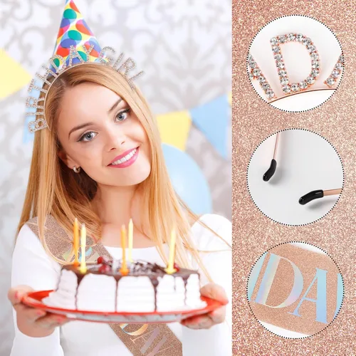 Vista 3 de Coronas de cumpleaños para mujer con banda de feliz cumpleaños para niña, accesorios brillantes de diamantes de imitación, recuerdos de fiesta