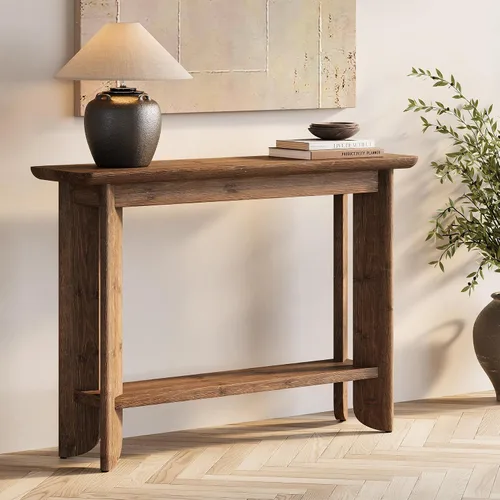 Vista 7 de LITTLE TREE Mesa de sofá de 41.3 pulgadas, mesa consola de madera maciza de 2 niveles para sala de estar, moderna mesa de sofá detrás del sofá, mesa