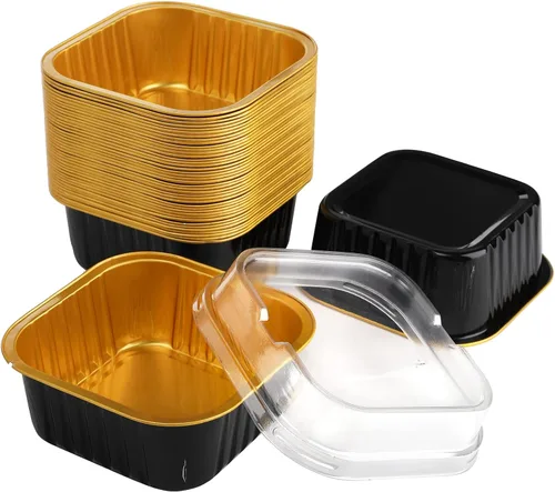 Vista 4 de ZEAYEA 100 mini moldes para pasteles con tapas, 5.7 onzas de papel de aluminio cuadrado para hornear, moldes desechables para magdalenas, postre
