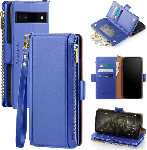 Vista 10 de Antsturdy Funda compatible con Google Pixel 6a con tarjetero para mujeres y hombres, funda de teléfono con bloqueo RFID, de piel sintética, a prueba