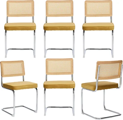 Vista 21 de Juego de 2 sillas de comedor de terciopelo con respaldo de ratán, diseño moderno Breuer con base cromada inoxidable sin brazos tapizada para Beige