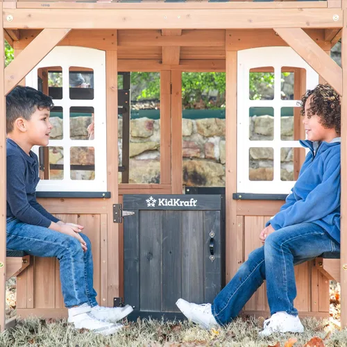 Vista 9 de KidKraft Cliffbrook - Casa de juegos de madera para exteriores de dos pisos con tobogán
