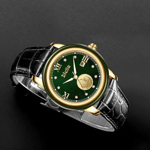 Vista 7 de Diella Luxury Dress Watches for Men with Japanese Quartz Movement, Men's Classic Wrist Watches with Black Leather Band, Dark Jade, Gold and Steel
