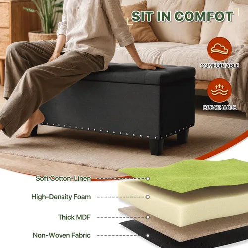 Vista 7 de MoNiBloom Otomana de 42 pulgadas de largo con almacenamiento, taburete de lino negro tapizado de espuma acolchada de tela rectangular con reposapiés