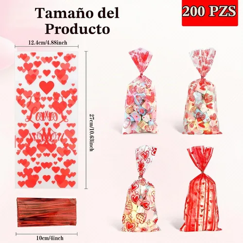 Vista 2 de Bolsas de dulces de San Valentín, 200 piezas de bolsas de celofán de San Valentín, bolsas de plástico transparente rojo para dulces, galletas