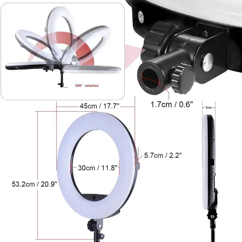 Vista 4 de Anillo de luz LED de 18 pulgadas, 96 W, 480 SMD, estudio fotográfico, video, retrato, película, selfie, fotografía de YouTube, iluminación continua