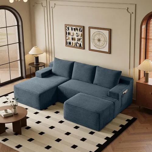 Vista 10 de Sofá modular moderno de 96 pulgadas para sala de estar, sofá modular tapizado sin hueso con bolsillos, cómodo sofá nube con diván en forma de L Negro