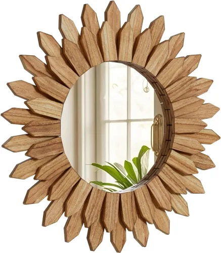 Vista 8 de Espejo de Pared Boho de 20 Pulgadas Negro con Diseño de Rayos de Sol - Espejo Circular de Madera para Pared, Espejo Circular Rústico Hecho a Mano