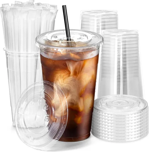 Vista 12 de Fit Meal Prep Paquete de 100 Vasos de Plástico para Café Helado de 12 oz con Tapas Planas y Pajitas Negras, Vaso Transparente Desechable, Vaso Libre