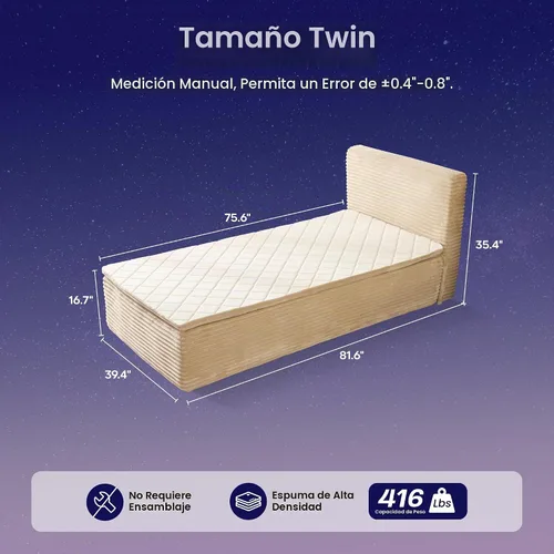 Vista 2 de Base de cama individual sin hueso con colchón, colchón de espuma viscoelástica de 16 pulgadas con plataforma tapizada de tela de felpa, no requiere