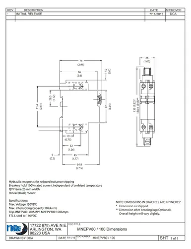 Vista 4 de Midnite Solar Disyuntor, 100A 150VDC, 1-Polo, Montaje DIN, Modelo MNEPV100