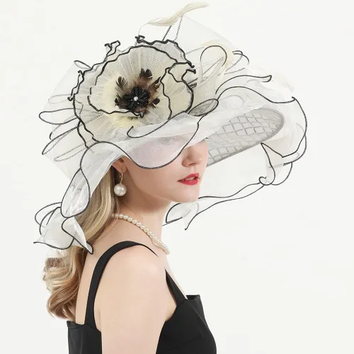 Vista 7 de Sombreros de organza para mujer, para fiesta, iglesia, derby, visera para el sol, sombreros, flores, tocados, fedoras de ala ancha grande
