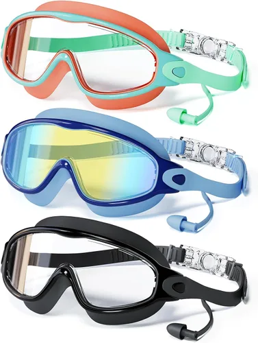 Vista 8 de Paquete de 3 gafas de natación para niños, con tapones para los oídos, marco grande, antivaho, UV, visión amplia, para niños y niñas de 4 a 12 años
