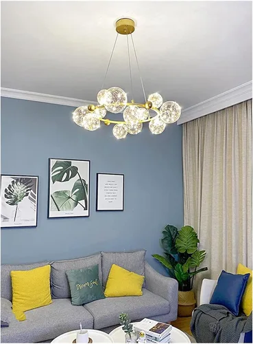 Vista 5 de Candelabros LED, lámparas de araña LED modernas de color dorado/negro con luces LED de cristal transparente, con forma de estrella para sala