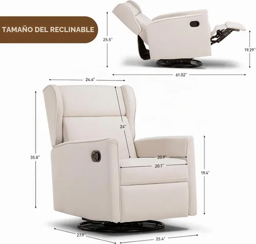Vista 3 de COMHOMA - Silla mecedora tapizada en tela para cuarto de bebé, giratoria, reclinable, manual, para sala de estar, dormitorio u oficinas (marfil)
