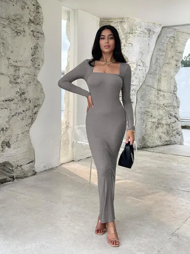 Vista 4 de Vestidos ajustados para mujer, con cuello cuadrado, manga larga, suave, acanalado, ajustado, 2023