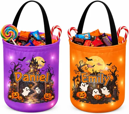 Vista 6 de IZI POD Bolsa LED personalizada de fantasma, bolsa de cubo de luz de Halloween con Nama, cesta de dulces personalizada para niños Diseño 3