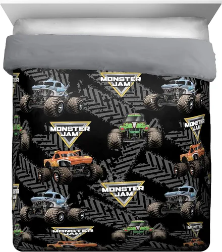 Vista 3 de Jay franco Juego de ropa de cama Queen de 5 piezas de Monster Jam Tracks incluye edredón y sábanas con Grave Digger y Megalodon de microfibra suave