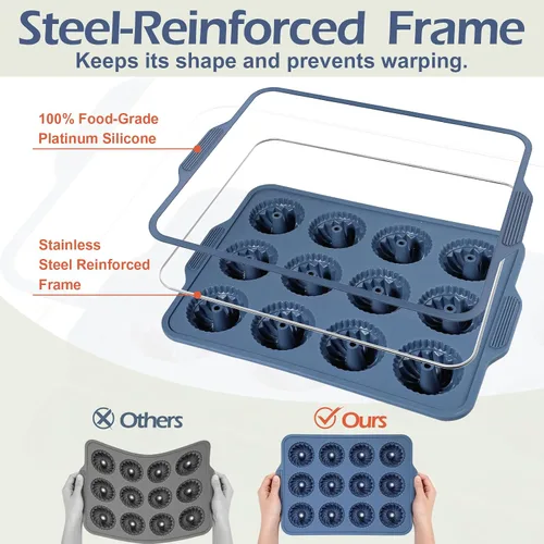 Vista 7 de Webake 2.75" Silicone Mini Fluted Tube Cake Pan with Steel-Reinforced Frame, 12-Cavity Nonstick Bite Size Mini Flan Molds for Baking, 1 Pack Blue