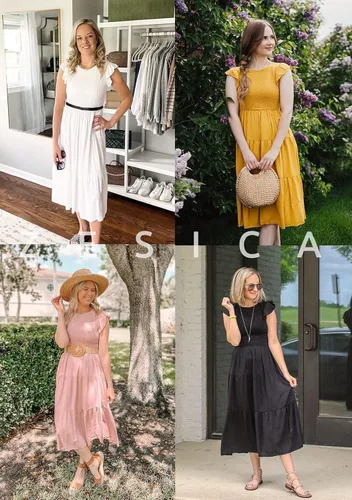 Vista 8 de ZESICA - Vestido por debajo de la rodilla para mujer, diseño informal y escalonado de manga corta, con cuello redondo y cintura elástica fruncida
