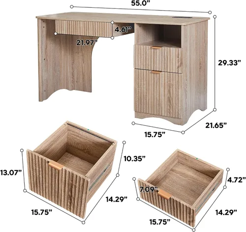 Vista 2 de Escritorio moderno para computadora de 55 pulgadas con bandeja para teclado, tomas de corriente integradas, diseño estriado, cajón principal 2 en 1