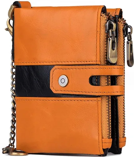 Vista 7 de boshiho Carteras de cuero auténtico con bloqueo RFID para hombre, billetera de doble pliegue con bolsillo para monedas con cremallera, con cadena