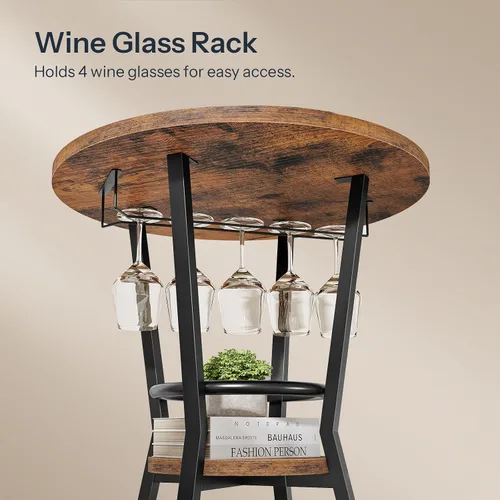 Vista 9 de HOOBRO Mesa redonda de bar, mesa de bar de 2 niveles con soporte para copas de vino, mesa de cóctel industrial, para espacios pequeños, taberna