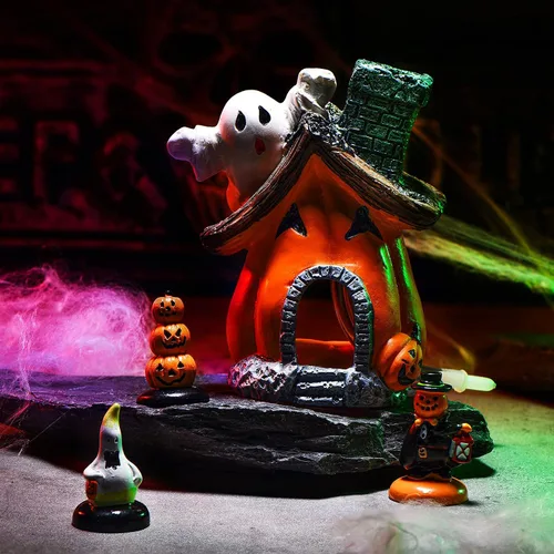 Vista 4 de Blulu 4 piezas de decoraciones de Halloween para pecera, figuras en miniatura para interiores y exteriores, resina, fantasma, calabaza, casa