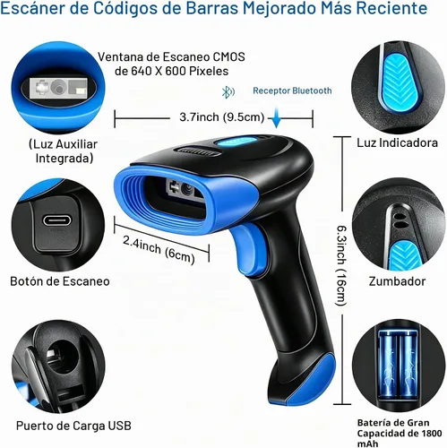 Vista 7 de Escáner de código de barras CCD inalámbrico Bluetooth 2D 1D, lector de código de barras de código QR portátil para almacén de supermercado POS