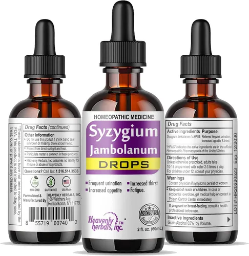 Vista 2 de Heavenly Herbals, Inc. Syzygium Jambolanum Drops – para orinar frecuente, aumento del hambre, fatiga Promueve la utilización normal de glucosa