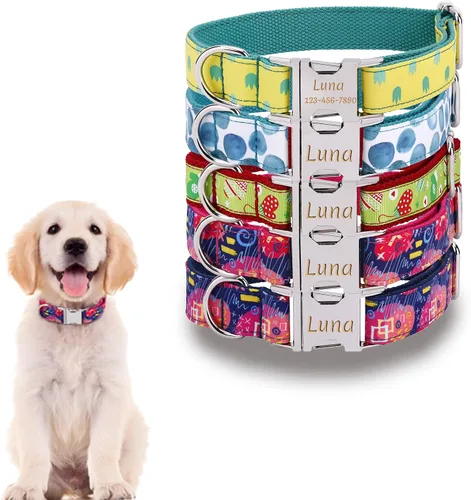 Vista 15 de Collar de perro personalizado con placa de nombre, ajustable resistente nailon personalizable collar de identificación grabado con hebilla de metal