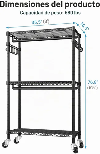Vista 6 de VIPEK R2 Perchero de ropa resistente para colgar ropa, estante de prendas rodante ajustable con barras dobles y ganchos, armario independiente
