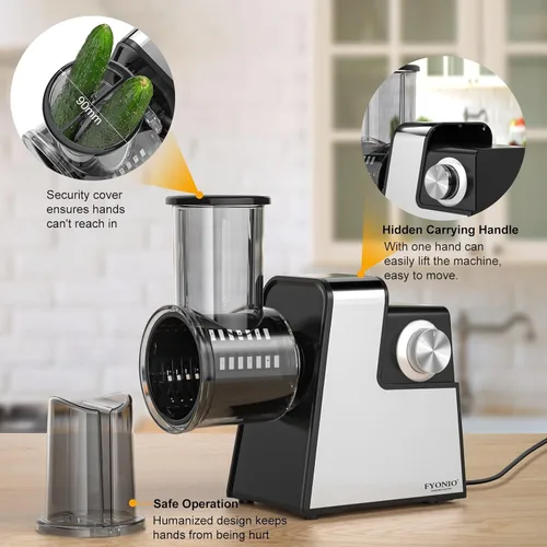 Vista 6 de Rallador Eléctrico de Queso, Máquina de Ensalada 5 en 1 con Cuchillas de Acero Inoxidable, Rebanador y Rallador Eléctrico de Alimentos de 250W