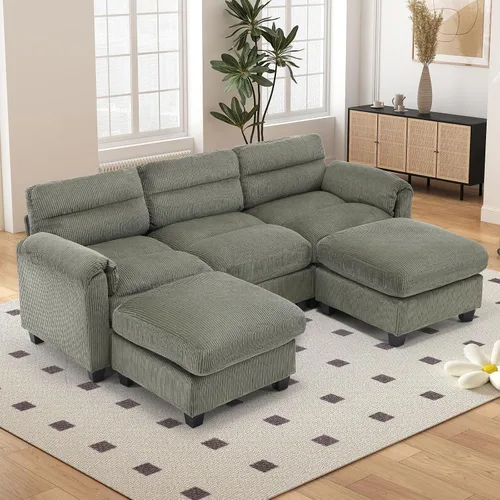 Vista 70 de HAOMARKETS Sofá esquinero modular en forma de L de 115 pulgadas con 2 otomanas móviles, sofás de pana de 8 plazas con cojín grueso para sala de Beige