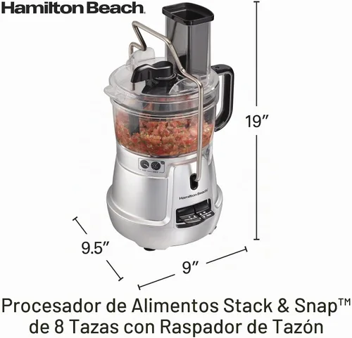 Vista 3 de Hamilton Beach Stack & Snap - Procesador de alimentos y picador de verduras de 8 tazas con cuchilla ajustable, raspador de tazón integrado y estuche