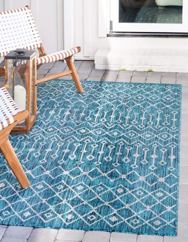 Vista 32 de Unique Loom Outdoor Trellis Collection - Alfombra de área con diseño de enrejado tribal (2 pies 2 pulgadas x 3 pies 1 pulgada, ovalada, azul/marfil)