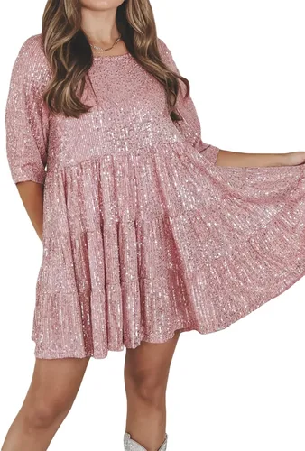 Vista 2 de Vestido de lentejuelas brillantes para mujer, cuello redondo, manga corta, color sólido, suelto, con purpurina, vestido de muñeca de bebé, fiesta