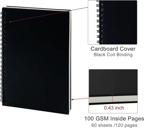 Vista 3 de Ykimok Paquete de 2 (60 hojas/cuaderno) cuaderno con espiral de tapa dura con rayas universitarias color negro, bloc de notas y cuaderno de bocetos