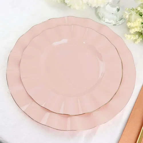 Vista 165 de Tableclothsfactory Paquete de 10 platos redondos de plástico negro de 6 pulgadas para ensalada de postre, platos desechables con borde ondulado
