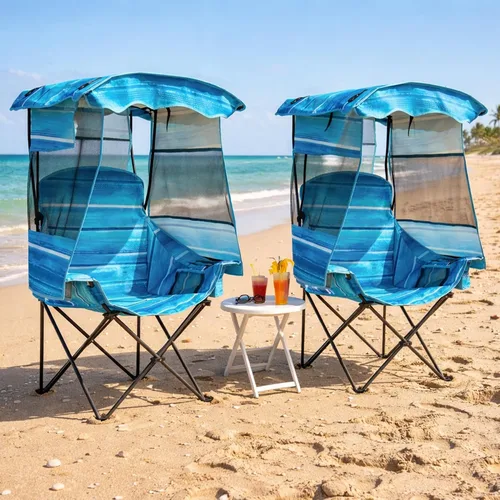 Vista 9 de ABORON Silla de camping con toldo, silla de playa plegable con sombra, silla portátil para exteriores con portavasos y bolsa refrigeradora
