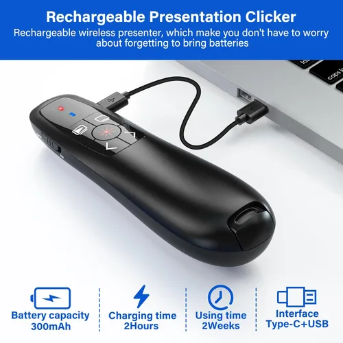 Vista 8 de Clicker de presentación USB tipo C 2 en 1, clicker para presentaciones de PowerPoint, control remoto inalámbrico recargable, RF 2.4GHz USB