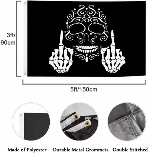 Vista 2 de Swono Bandera de calavera con diseño de esqueleto con dedo medio, bandera negra de 3 x 5 pies, bandera grande para exteriores e interiores, oficina