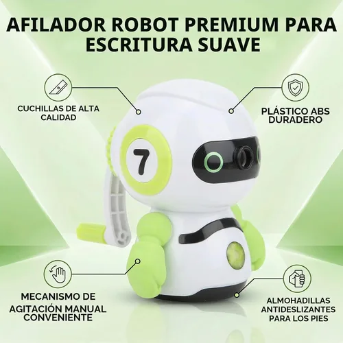 Vista 3 de Sacapuntas manual de diseño de robot con función de alimentación automática, mecanismo de manivela para estudiantes, niños, colores aleatorios