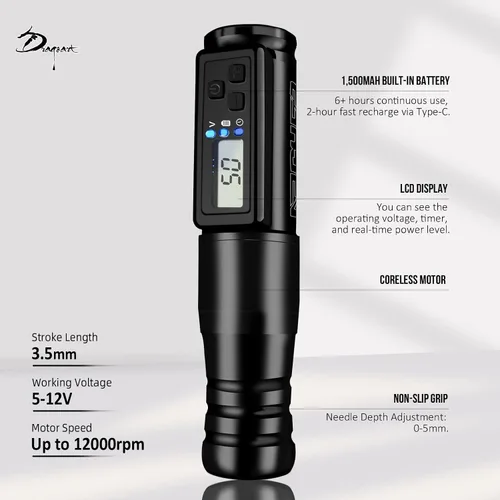 Vista 2 de Dragoart Archer Pistola de tatuaje inalámbrica Máquina de tatuaje inalámbrica 1,500 mAh, motor sin núcleo, pantalla LCD, profundidad de aguja de 0 a