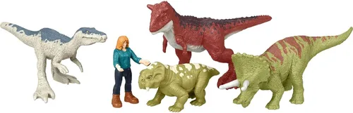 Vista 6 de Mattel Jurassic World Dominion Carnotaurus Clash Pack, 5 mini juguetes que incluyen 1 figura humana y 4 dinosaurios en paquete temático de camión