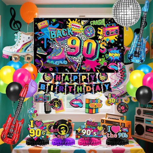 Vista 6 de Las decoraciones para fiestas de cumpleaños de los años 90 incluyen telón de fondo, centros de mesa de panal, pancarta, espirales colgantes, globos